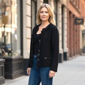 Chico's Black Textured Tweed Jacket Fringe Hardware Embellishment Size 2 (Large)